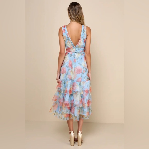 NEW NWT Lulu’s Perfectly Divine Blue Floral Tulle Tiered Ruffled Midi Dress - Picture 3 of 11